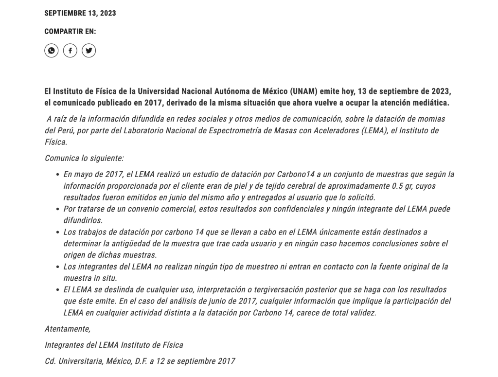 Comunicado oficial de la UNAM