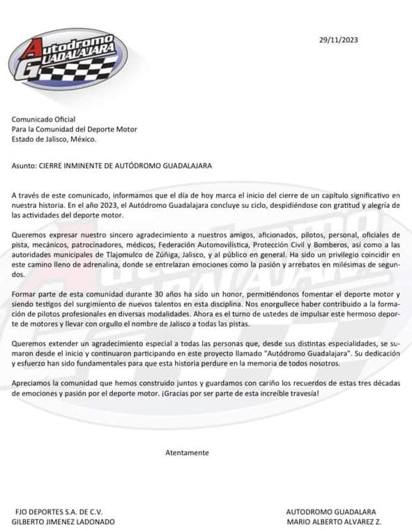 El Autodromo de Guadalajara dio a conocer a trevés de un comunicado sobre el cierre inminente de sus instalaciones
